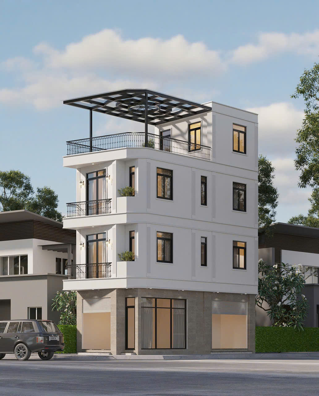 mẫu nhà phố 3 tầng 1 tum phong cách tân cổ điển hiện đại - MNP3T1TPCTCDHD