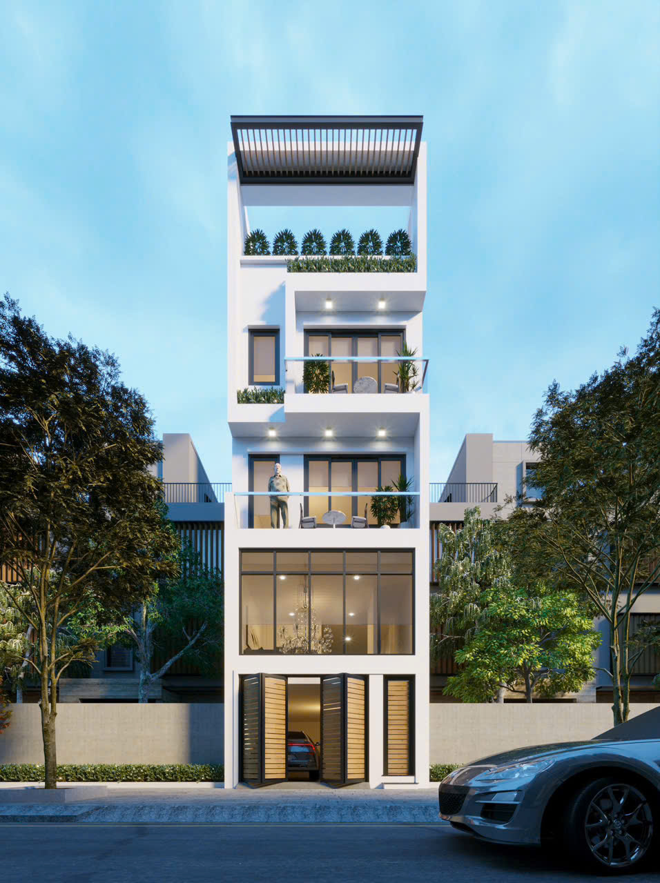 Mẫu nhà phố hiện đại 4 tầng khối hộp trắng tối giản - MNPHD4TKHTTG
