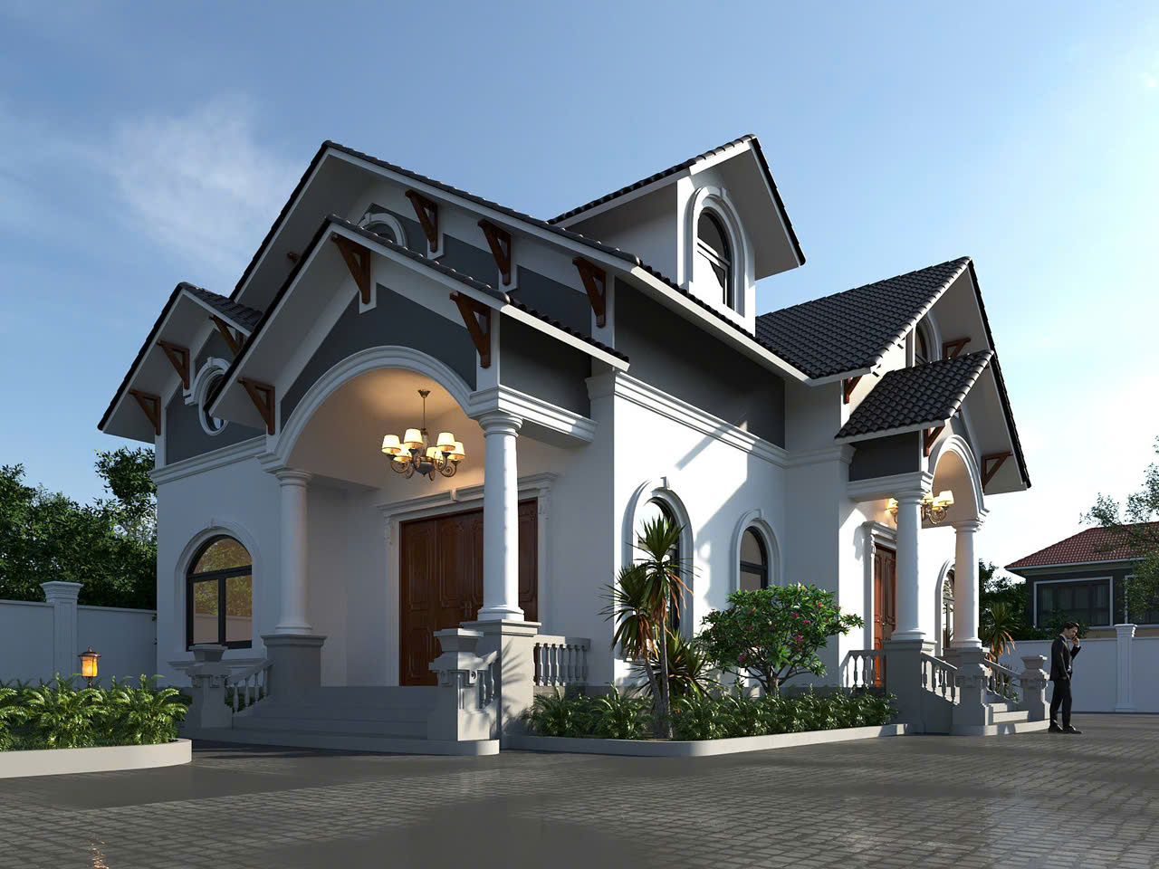 mẫu biệt thự nhà vườn 1 tầng phong cách tân cổ điển châu Âu - MBTNV1TPCTCDCA