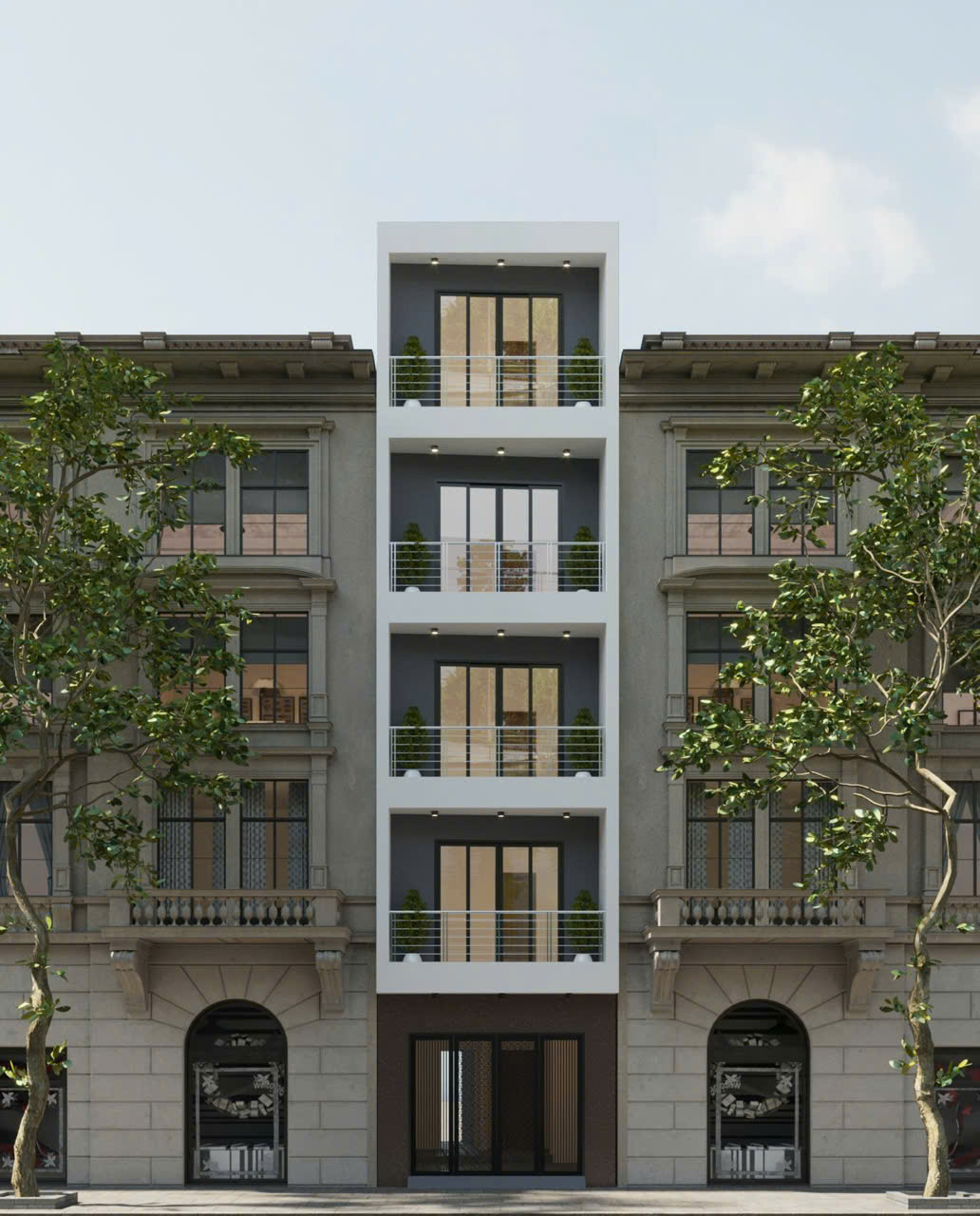 Mẫu nhà phố hiện đại 4 tầng mặt tiền hẹp với phong cách tối giản hiện đại - MNPHD4TMTHVPCTGHD