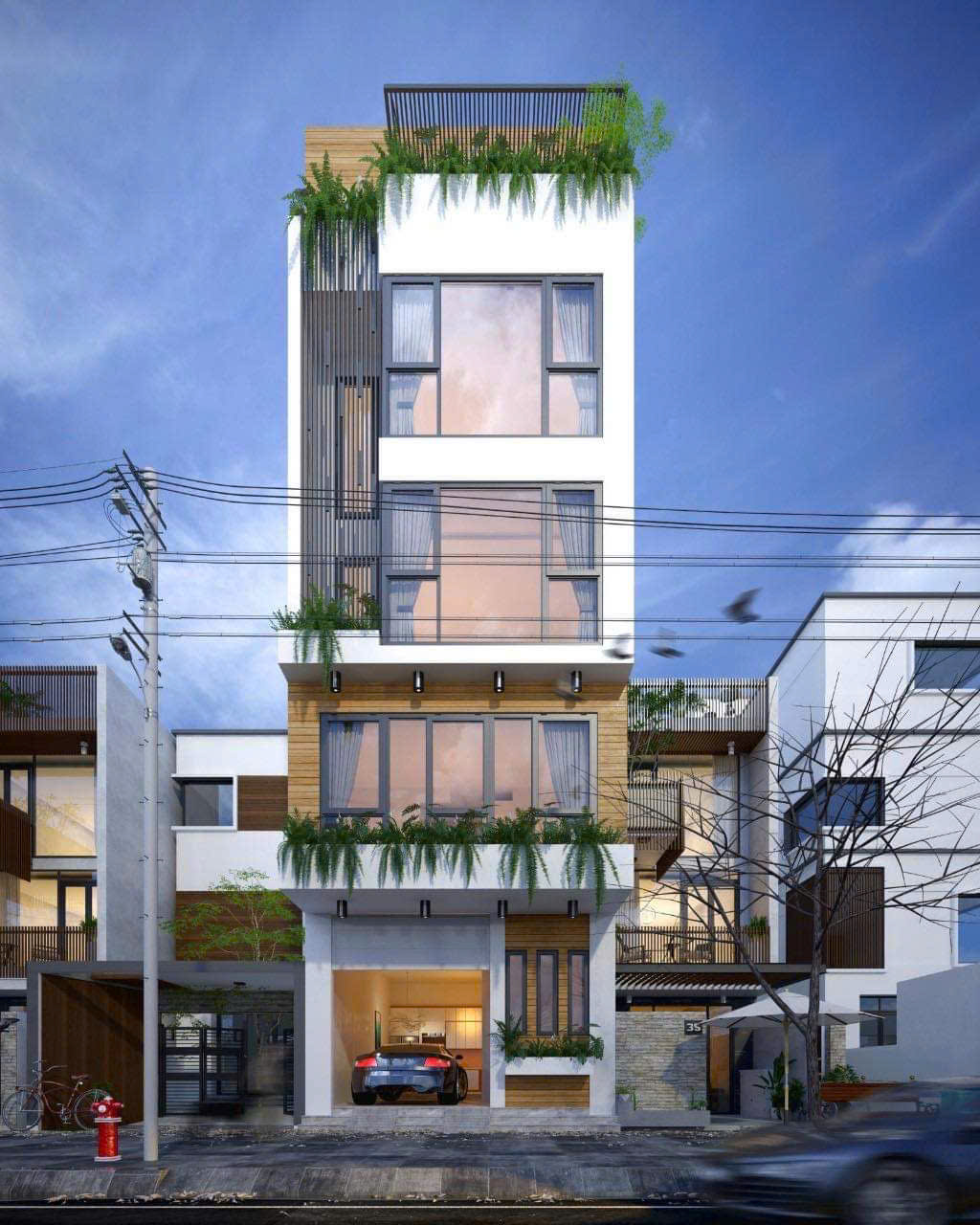 Mẫu nhà ống 4 tầng hiện đại xanh sân vườn treo-MNO4THDXSVT