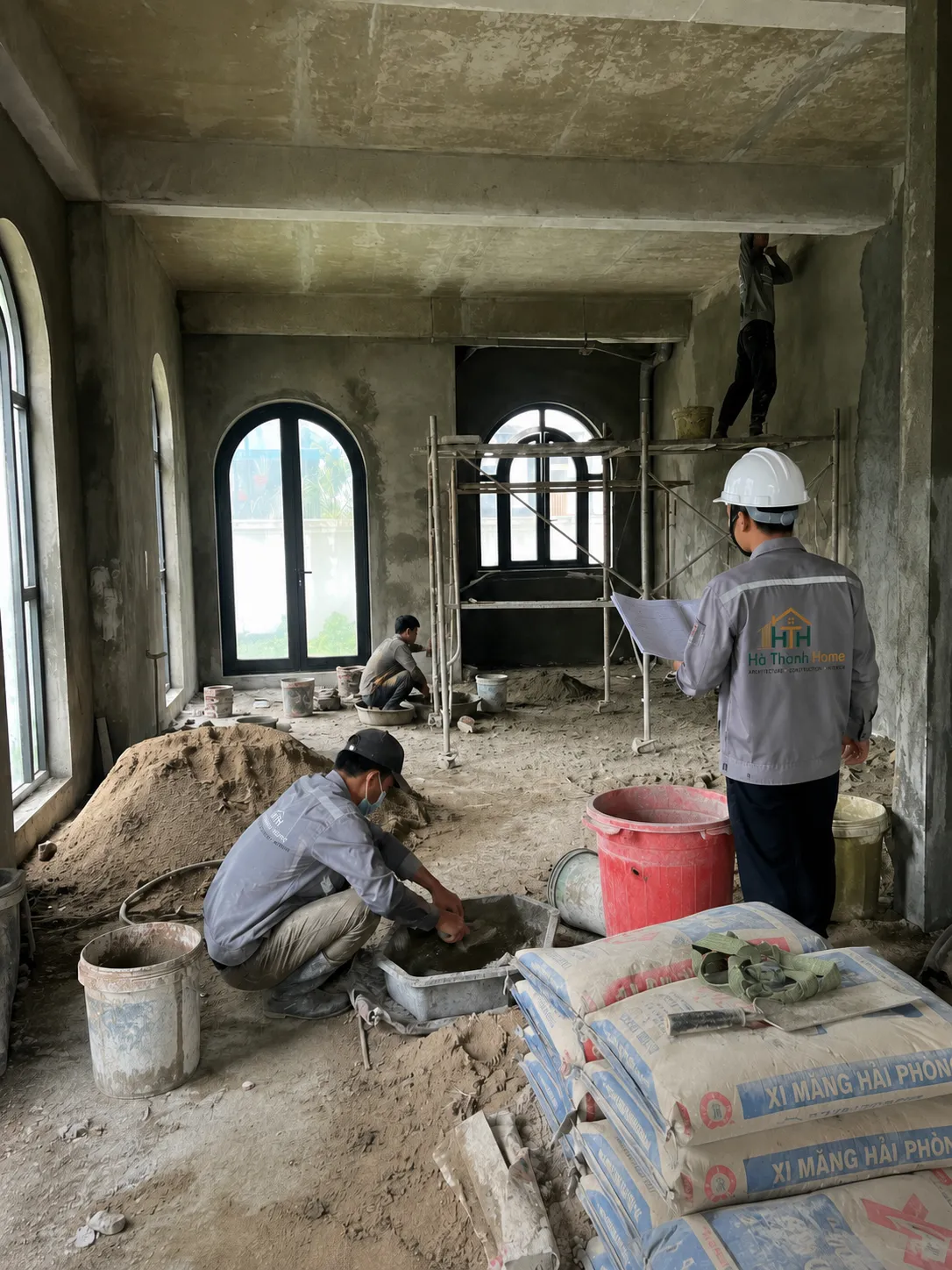 Công nhân thi công hoàn thiện bên trong biệt thự song lập nhà anh Tùng