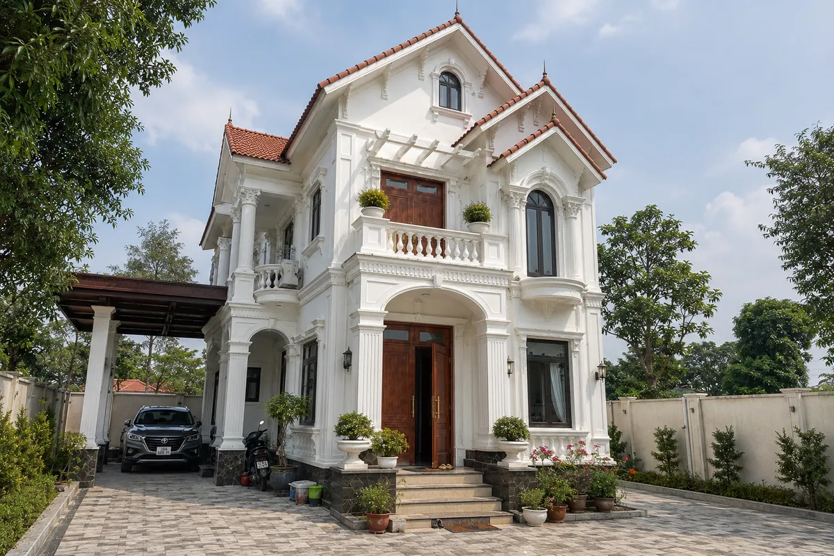 Nhà 2 tầng 2 mặt tiền tân cổ điển mái Thái tại Kim Động, Hưng Yên