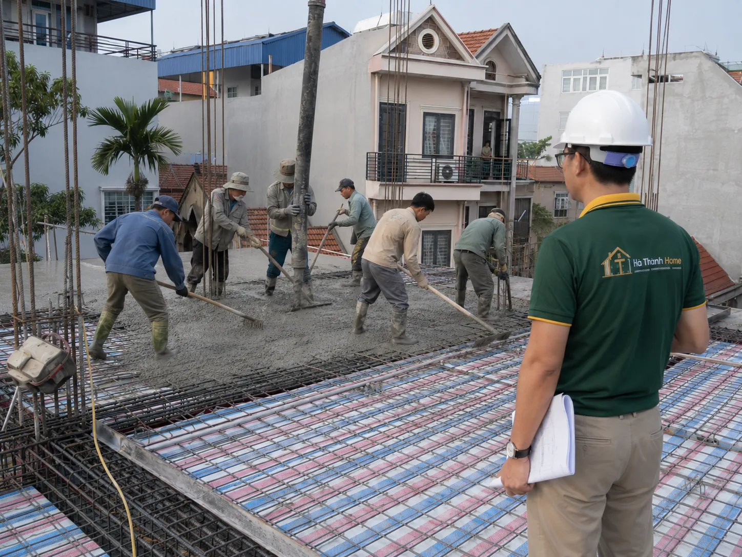 Kỹ sư Hà Thành Home giám sát thi công thép sàn và đổ bê tông tầng 1
