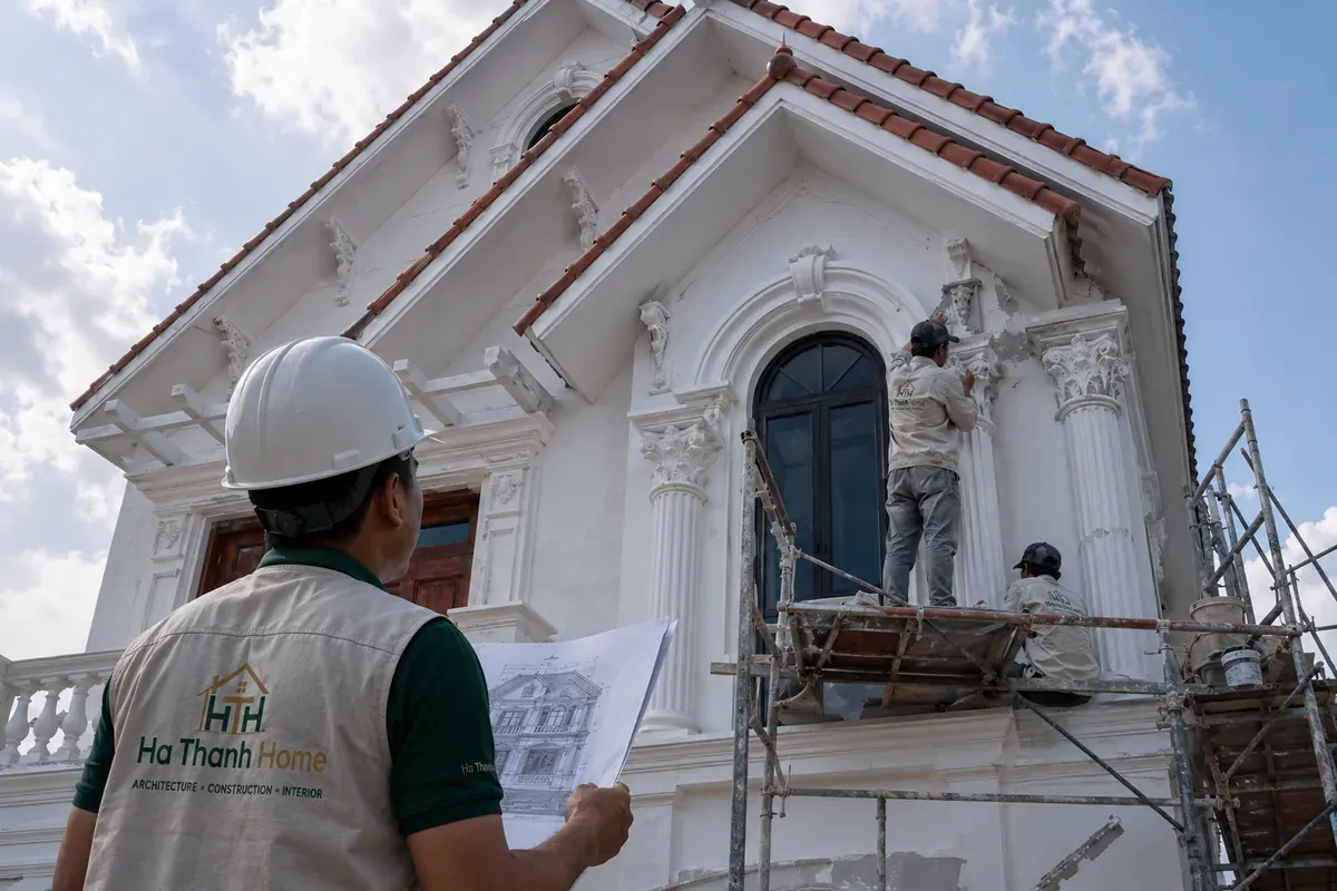 Chi tiết cột vòm và mái Thái biệt thự tân cổ điển nhà anh Đức Anh.
