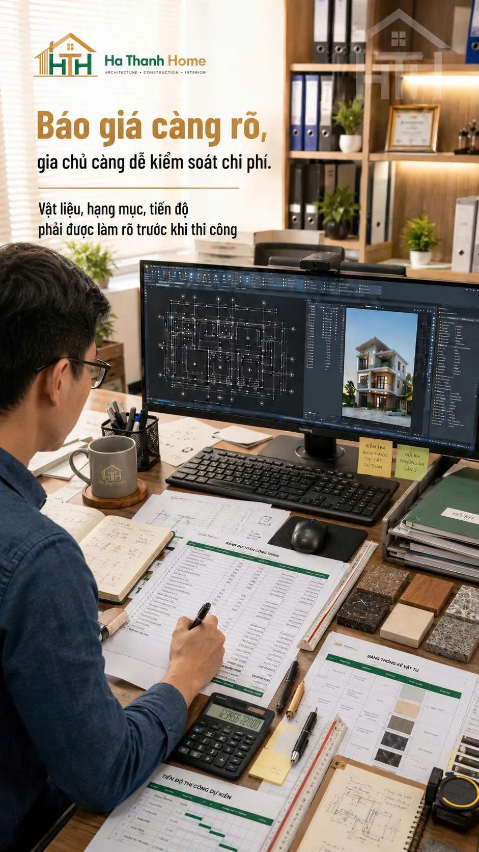 Kỹ sư bóc tách khối lượng và lập dự toán xây nhà.
