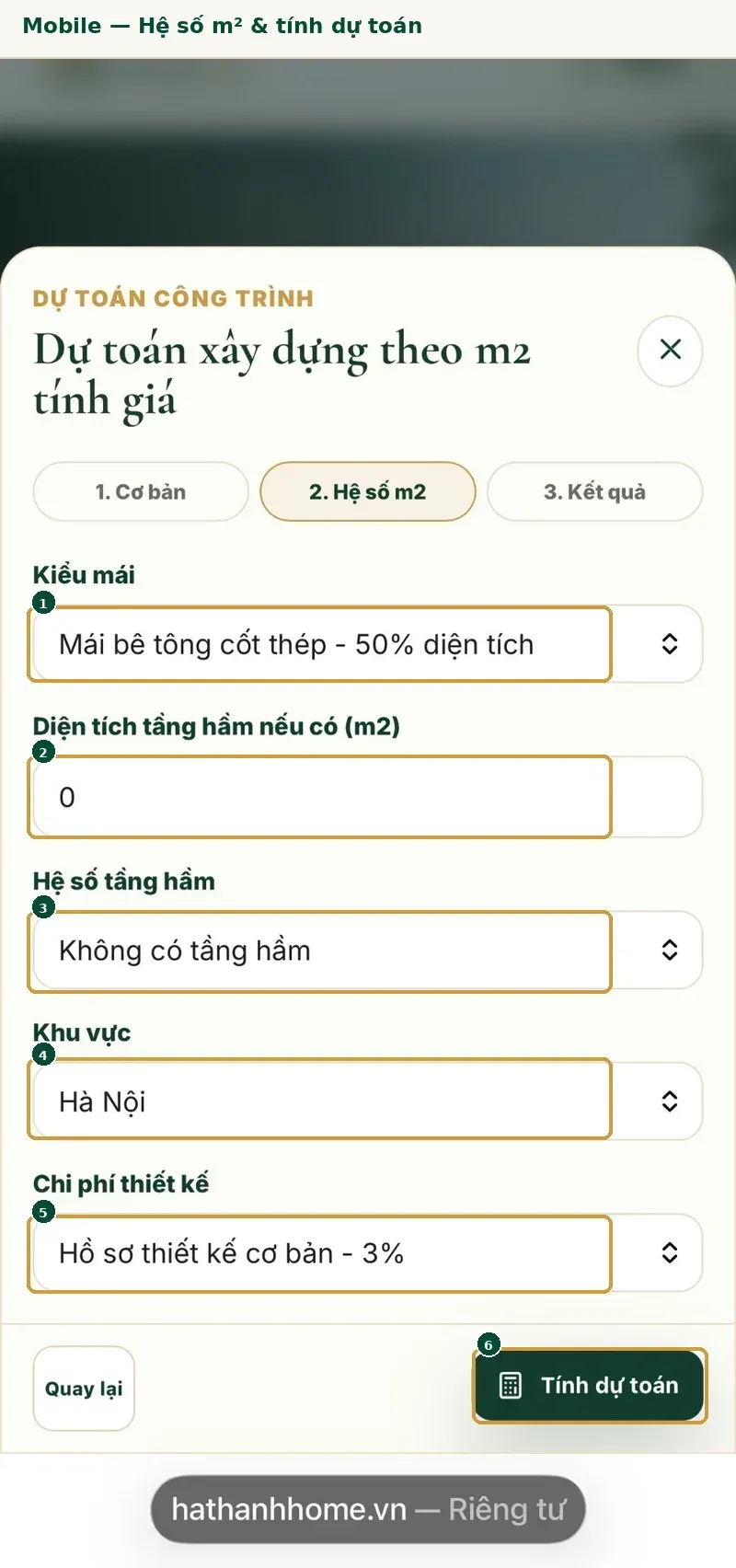 Thiết lập hệ số mái, tầng hầm, khu vực và chi phí thiết kế trên điện thoại