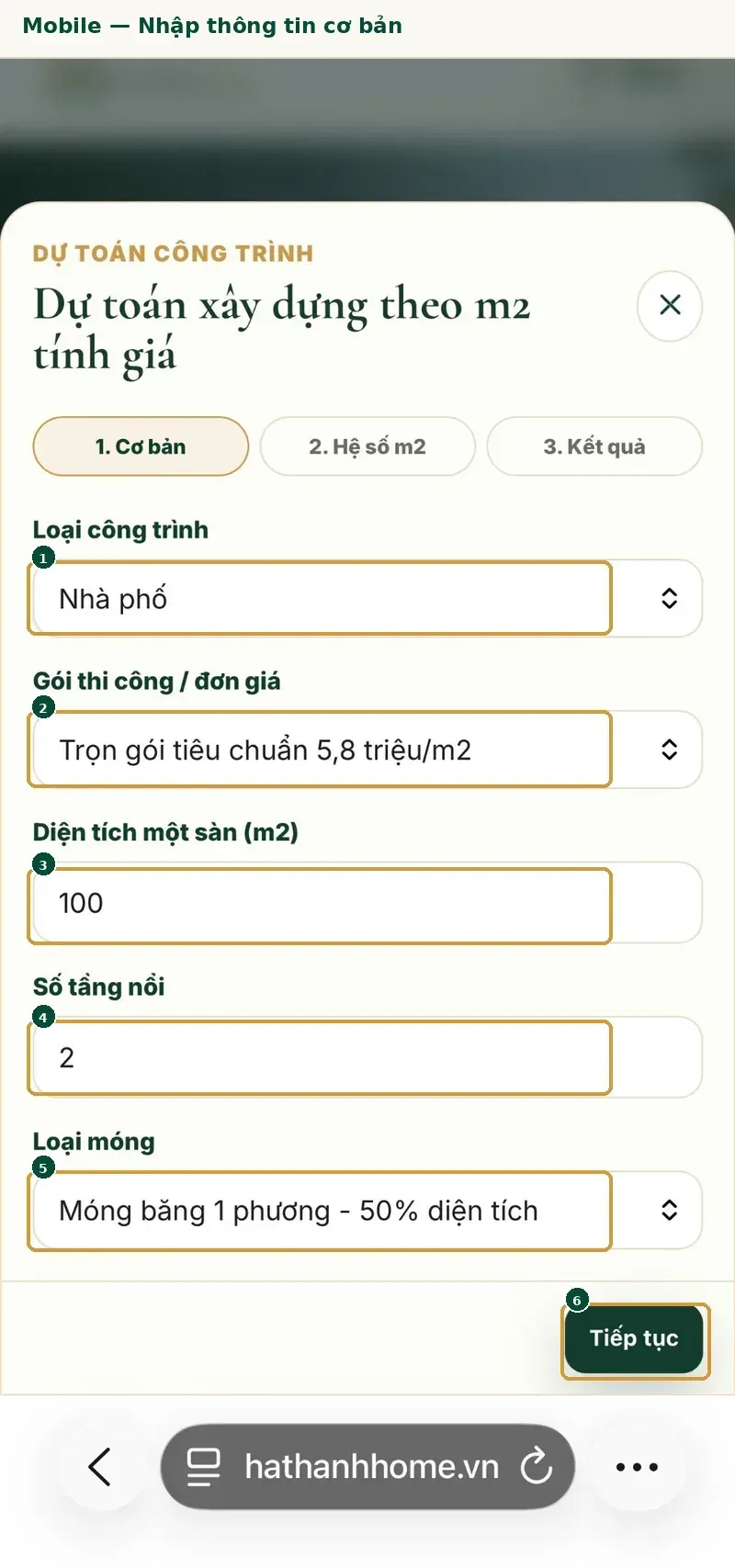 Nhập diện tích, số tầng, loại móng và gói thi công trên giao diện mobile