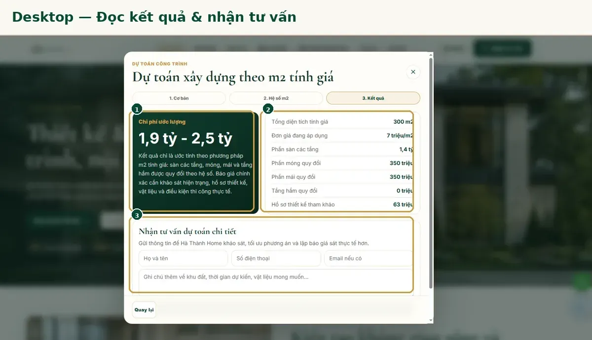 Màn hình kết quả dự toán với diện tích tính giá và chi phí xây dựng ước tính