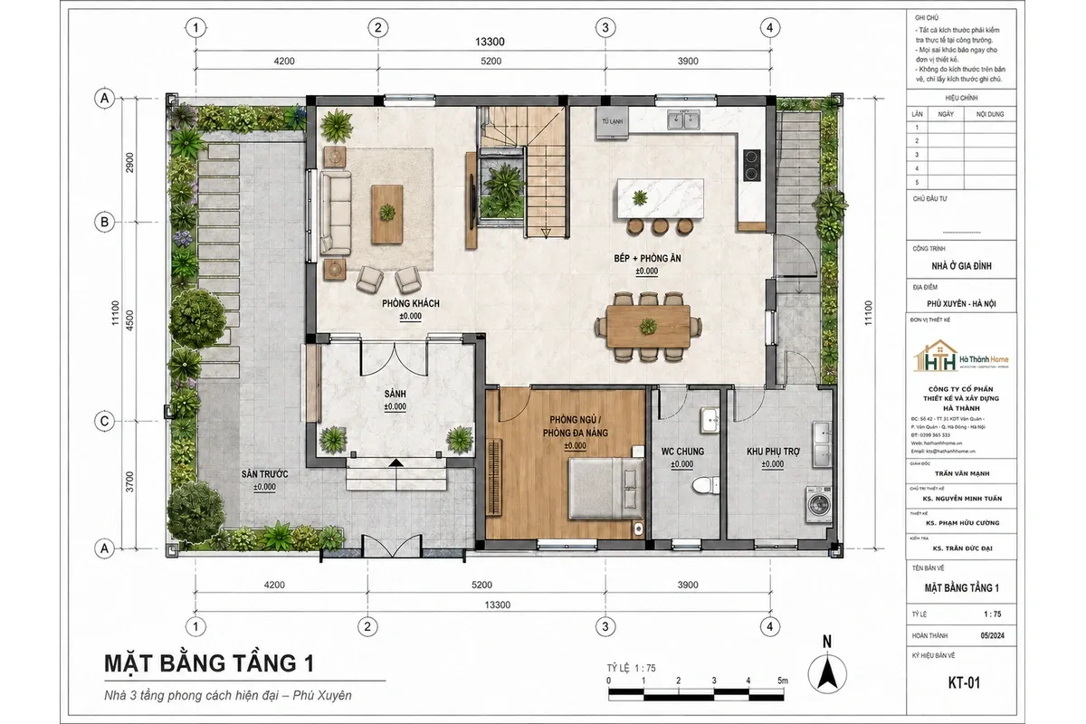 Mặt bằng tầng 1 nhà tiền chế 3 tầng hiện đại tại Phú Xuyên, Hà Nội