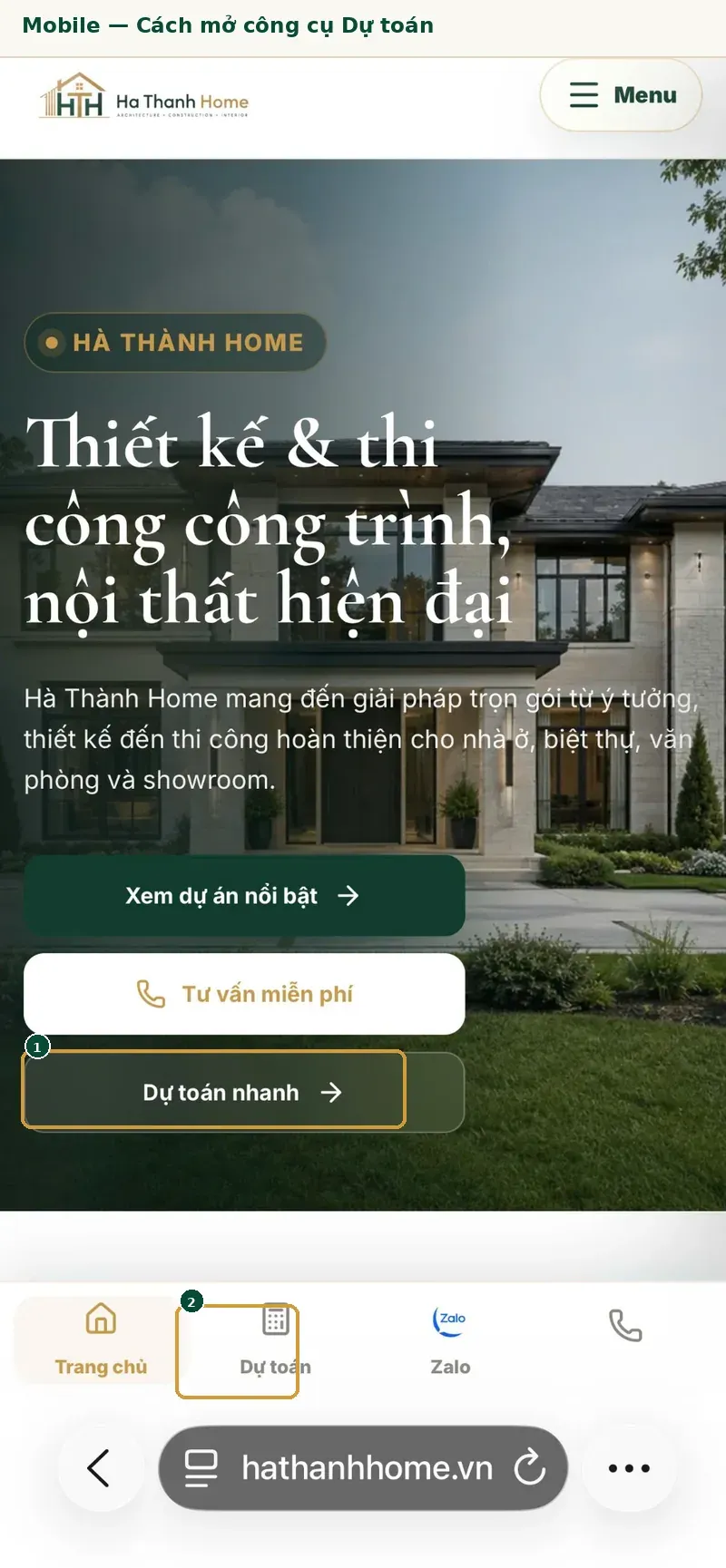 Cách mở tiện ích dự toán nhanh trên điện thoại tại website Hà Thành Home