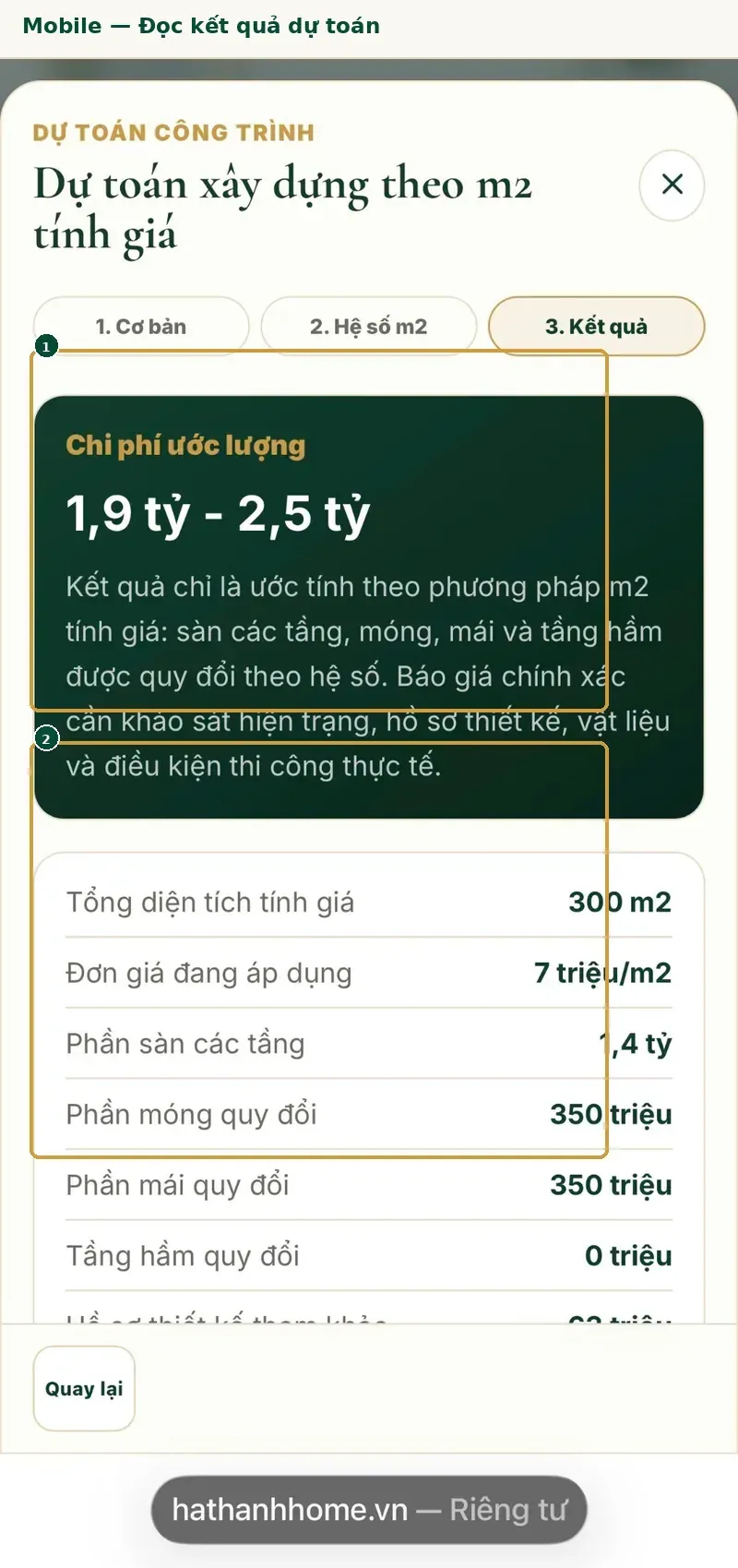 Kết quả dự toán chi phí xây nhà và các hạng mục quy đổi trên điện thoại