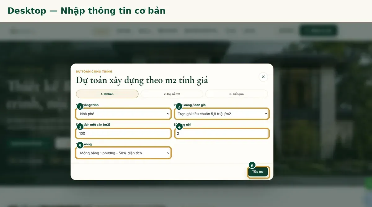 Các trường nhập thông tin công trình khi dự toán chi phí xây nhà trên máy tính