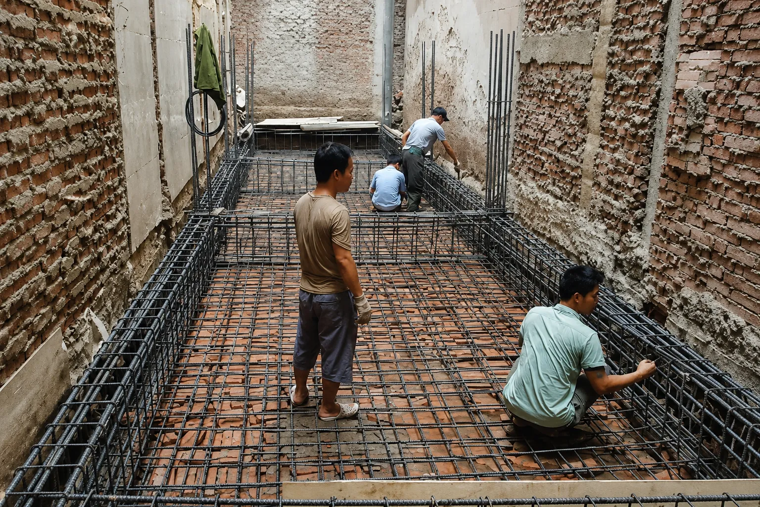 Công nhân lắp dựng cốt thép móng nhà ở tại công trình thực tế