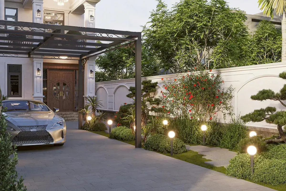 Thiết kế sân vườn kết hợp chỗ để xe và lối đi bên hông biệt thự 2 tầng tại Yên Phong Bắc Ninh
