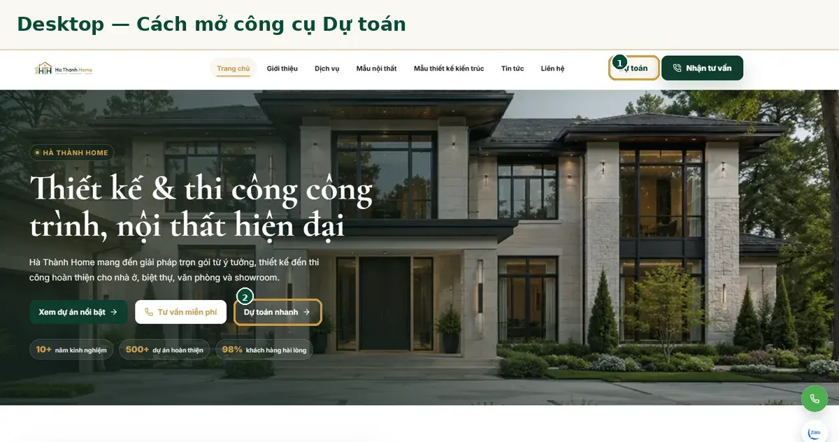 Cách mở công cụ dự toán chi phí xây nhà trên máy tính Hà Thành Home
